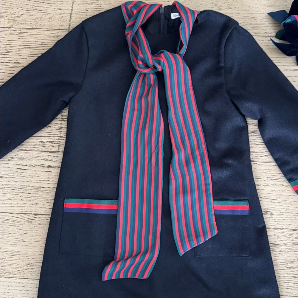 PICCOLA SPERANZA Navy Dress w/bow striped detailing, matching headband/socks 10. - Picture 3 of 13